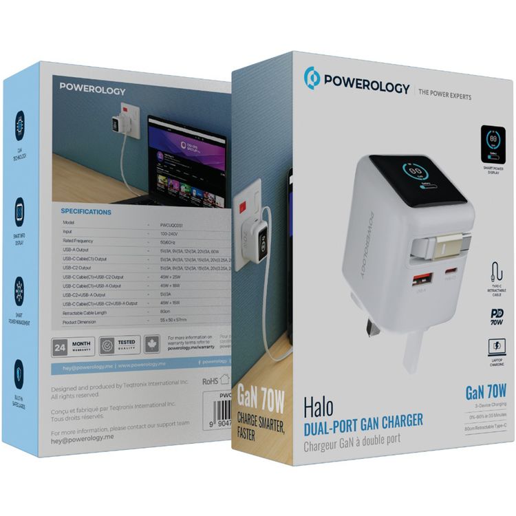 Powerology Halo Dual-Port GaN Charger with 80cm Retractable Type-C Cable, USB-A & USB-C Ports, 70W Max Output, GaN Technology, Smart Power Display, 3-Device Charging, 3-Pin UK Plug, Built-in Safeguards, Fast Charge Support - White