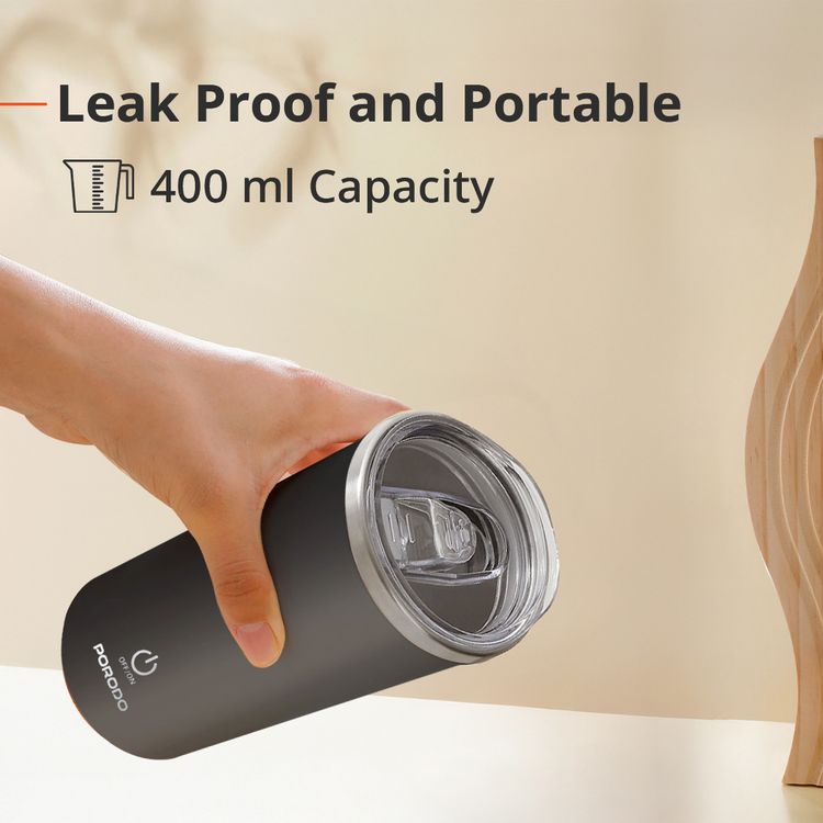 كوب بورودو لايفستايل المعزول ذو التحريك التلقائي بسعة 400 مل، قاعدة مانعة للانزلاق، سعة بطارية 300 مللي أمبير، وقت خلط 120 ثانية مع توقف تلقائي - أسود