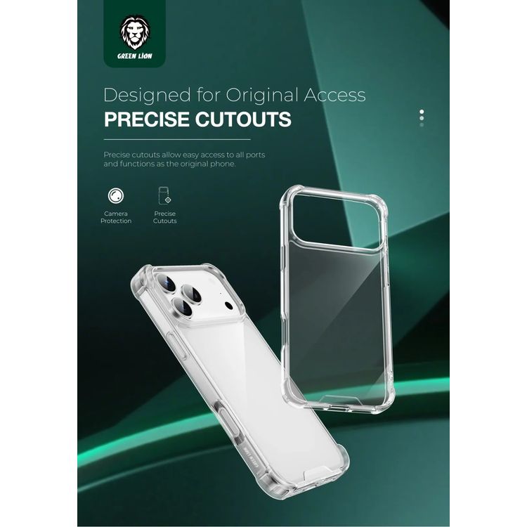 Green Lion Anti-Shock Case for iPhone 17 Pro, HD Clarity, Anti-Scratch, Air Cushion, Drop Protection, Hybrid Protection, Camera Protection, Comfortable Grip - Clear