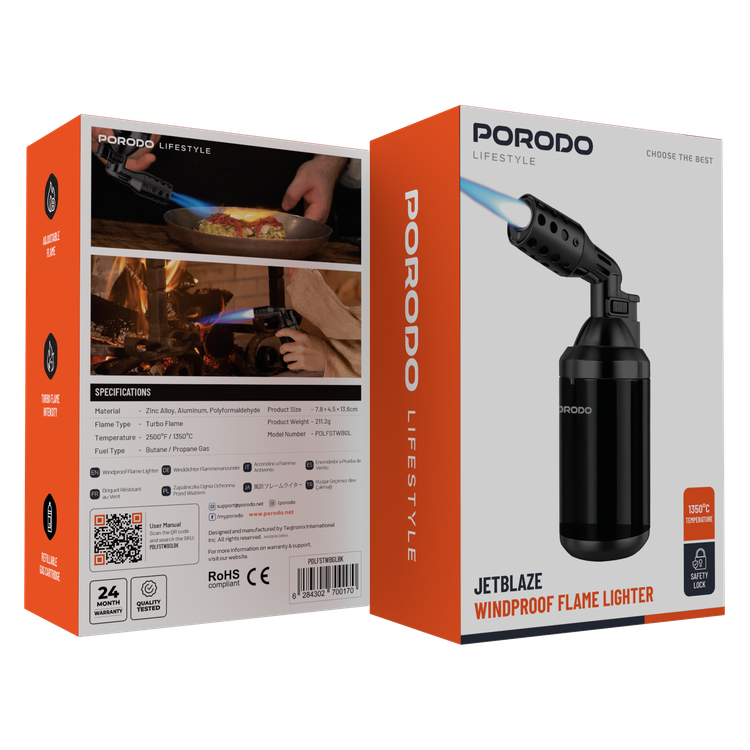Porodo Lifestyle JetBlaze Windproof Flame Lighter with Adjustable Flame, Turbo Flame Intensity, Up to 1350°C Temperature, Propane & Butane Mixture Fuel Type, Refillable Gas Cartridge, Safety Lock - Black