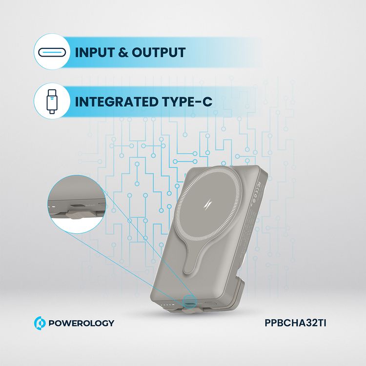 Powerology Car Mount 5000mAh Power Bank with Magnetic Wireless Charger, MagSafe Charging, PD 20W Fast Charge, Folding Air-Vent Clip, LED Indicator, Built-In Type-C Cable, Lightweight & Portable - Titanium