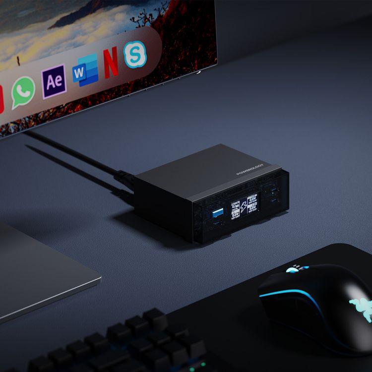 Powerology Power Hub Desktop Charging Station with ×3 USB-C & ×1 USB-A Ports, PD 65W, QC 3.0, Universal Compatibility, Digital Display - Black