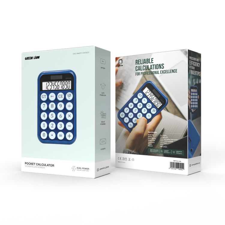 Green Lion Pocket Calculator with 10-Digit LCD Display, Auto Power Off, Dual Solar & Battery Power, ABS Plastic Material - Blue