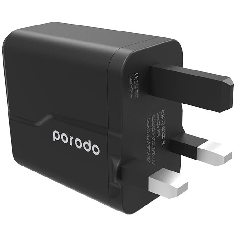 Porodo Dual Port Wall Charger with Type-C to Lightning Cable, 20W Power Delivery, QC 18W, Fire Retardant Material, Overcurrent Protection, UK 3-Pin Plug, Built-in Protective Mechanisms - Black