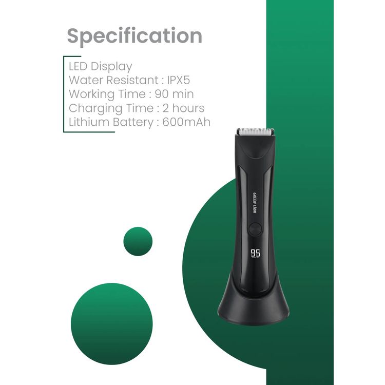 Green Lion Sensitive Area Trimmer with 90-Minutes Working Time, LED Display, 600mAh Battery Capacity, Water-Resistant, Ceramic Blades, 2 Hours Charging Time - Black 