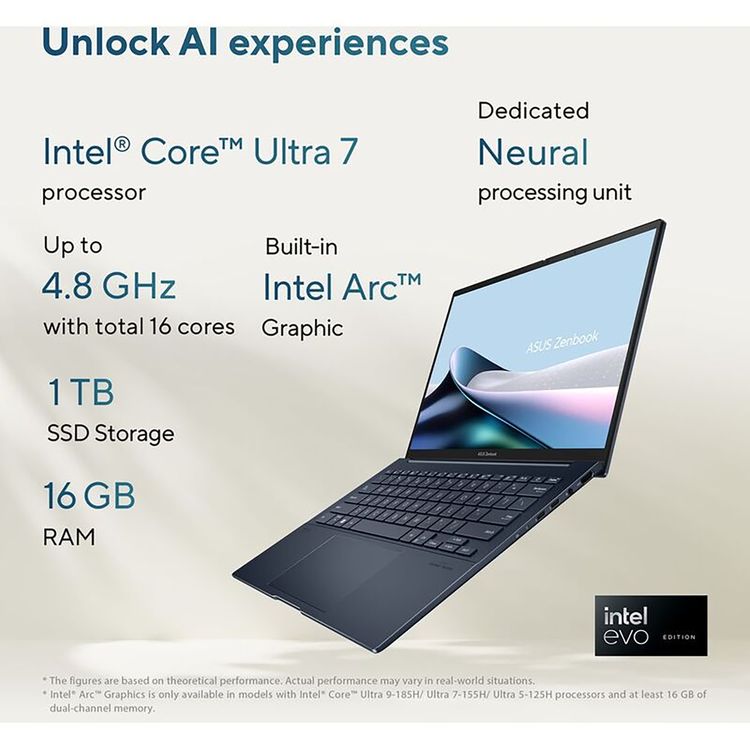 ASUS Zenbook 14 OLED Laptop - Intel Core Ultra 7 155H, 16GB RAM, 1TB SSD, Intel Arc Graphics, 14" 3K, Windows 11 Home - Ponder Blue
