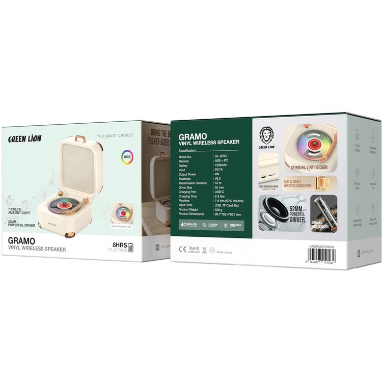 Green Lion Gramo Vinyl Wireless Speaker with 7-Color Ambient Light, Rotating Vinyl Disc, TF Card Playback, Dual-Speaker Wireless Sync, Hands-Free Call, HiFi Sound Quality, Suitcase-Style Foldable Design, Classic Knob Volume Control, Fast & Stable Wireless Connection, Multi-Playback Mode - White