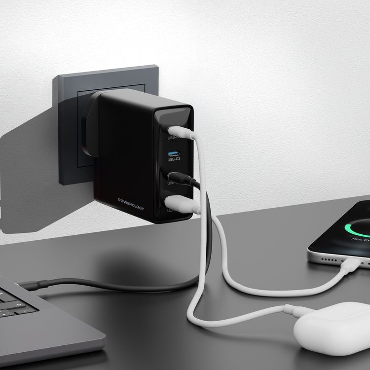 Powerology Volt-X 200W Multi-Port GaN Adapter with Heat Resistant Housing, Ultra-Fast Charging, Multi-Device Charging, QC 30W, 3 × USB-C Ports & 1 × USB-A Port, UK 3-Pin Plug - Black
