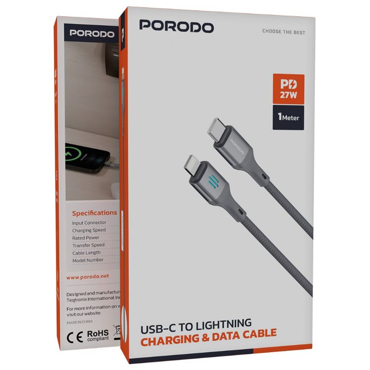 Porodo USB-C to Lightning Charging & Data Cable with 27W Power Delivery, 1m Cable Length, Braided Cable with Tangle-Free Design, 480Mbps Data Transfer Speed, Fast Charge - Gray