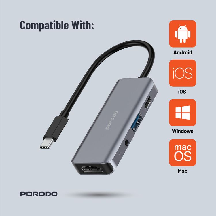 Porodo 4in1 USB-C Hub Type-C PD 100W HDMI USB 3.5mm Aux