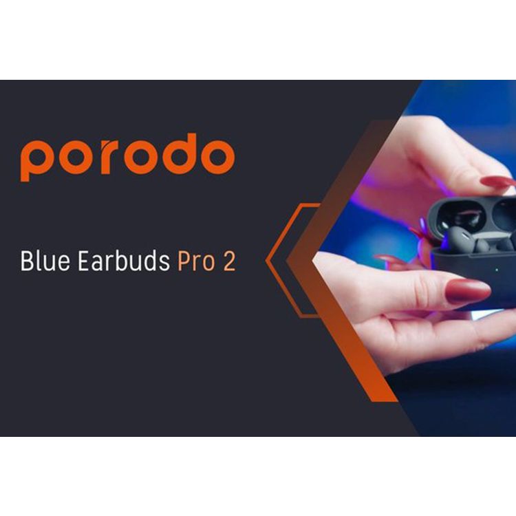 Porodo Blue Earbuds Pro 2 With Swipe Volume, 20 Hours Working Time, Wireless Charging, Deep Bass, Independent Earbuds, Touch Control - Black
