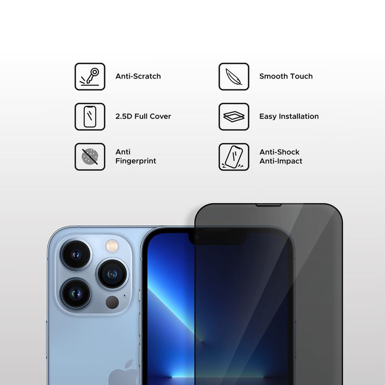 واقي شاشة كامل للخصوصية من Liberty Guard بحافة مستديرة سوداء مع فلتر غبار لهاتف iPhone 13 / 13 Pro