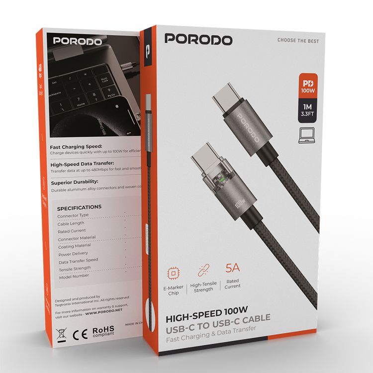 Porodo High-Speed 100W USB-C to USB-C Cable with E-Marker Chip, 480Mbps Data Transfer Speed, 100W Power Delivery, 1m Cable Length, Fast Charge Support - Black
