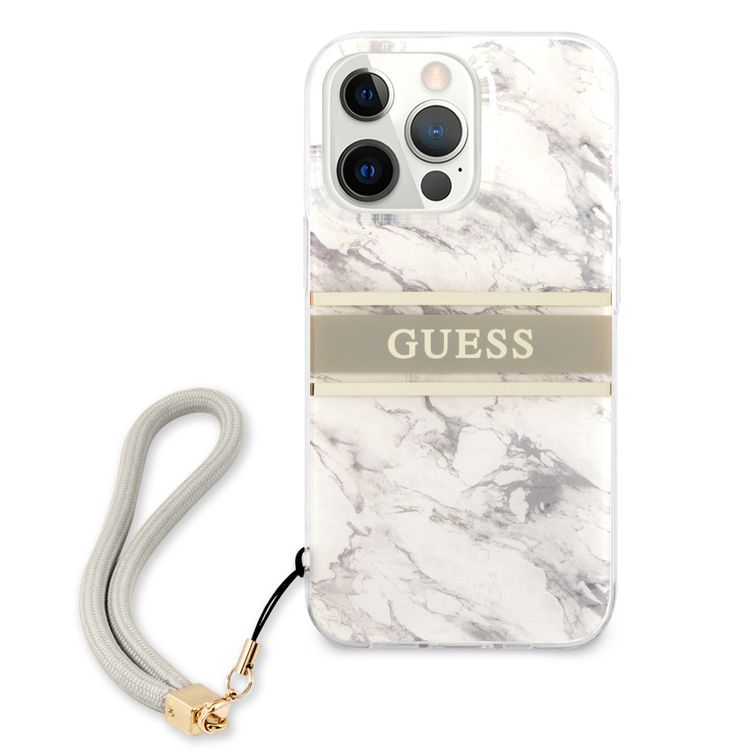 CG MOBILE Guess PC/TPU Case Marble Design & Stripe with Nylon Strap Compatible for iPhone 13 Pro Max (6.7") Back Cover Suitable with Wireless Charging Officially Licensed - Gray