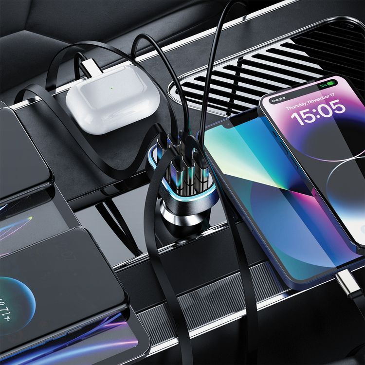 Green Lion 6-in-1 High Drive Car Charger with 4 USB-C Ports, 2 USB-A Ports, Flame Retardant PC, Simultaneous Charging, LED Soft Glow, QC 3.0 30W Max, PD 35W Fast Charging, PC + Zinc Alloy Material - Black