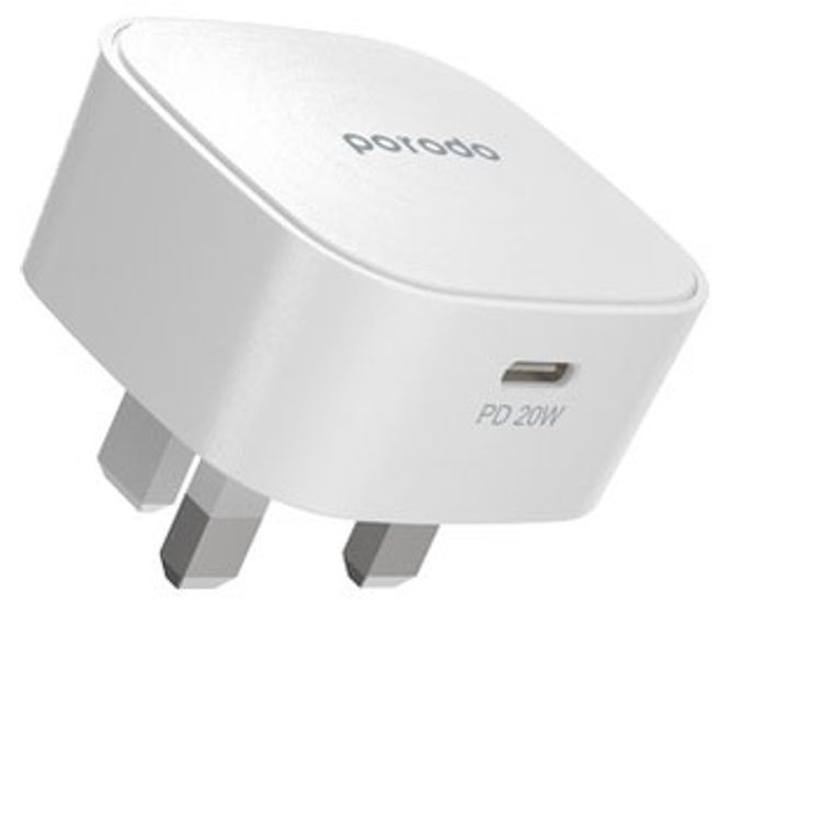 Porodo Super-Compact Fast Wall Charger UK with Braided Type-C to Lightning Cable - White