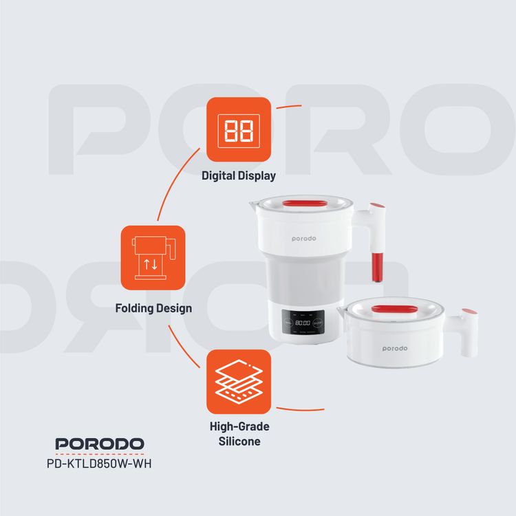 Porodo Lifestyle Portable Folding Electric Kettle Temperature Setting, 600ml  Water Capacity, Digital Display, High-Grade Silicone - White