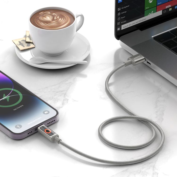 Porodo Charge Lite USB-A to Lightning Cable with High-Speed Charging, Braided & Aluminum Alloy Material, 1m Cable Length, 480Mbps Transfer Speed, Protect Battery - Gray