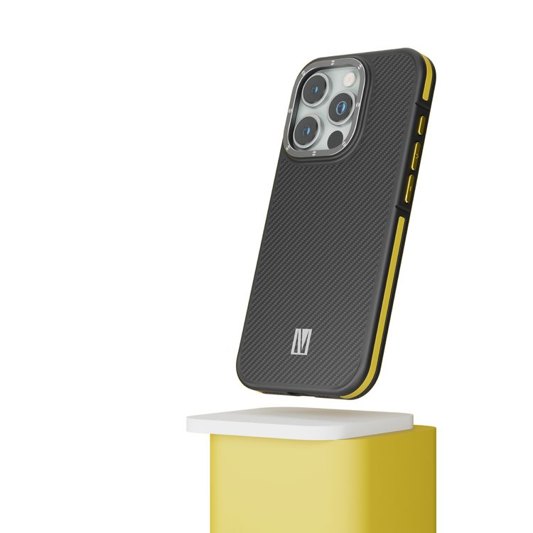 Levelo Ox Carbon Case for iPhone 15 Pro, MagSafe Compatible, Reinforced Corners with Air Guard, Shock-Proof Edges, 3H Scratch Resistance, Raised Camera Bezel - Yellow