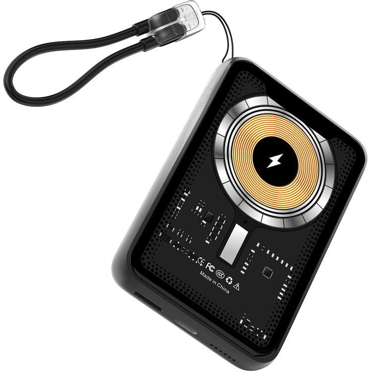 Porodo Arcadevolt 5000mAh MagSafe Power Bank with Built-in Console, +100 Classic Games, PD 20W, 2.8" HD Display, Type-C Lanyard Cable - Black