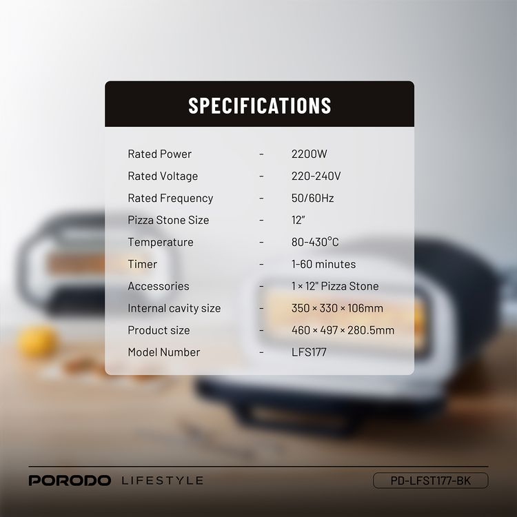 Porodo 12" Indoor Electric Pizza Maker with 7 Preset Programs, 80-430°C Temperature Control, 2200W Rated Power, Up to 60 Minutes Timer, Digital Display, Interior Lighting - Black