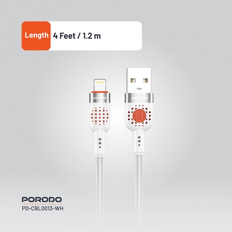 Porodo Aluminum Alloy Braided Cable USB-A to Lightning 1.2, 480Mbps Transfer Speed, 2.4A, more than 15000 Bends Life Span, Tangle Free - White