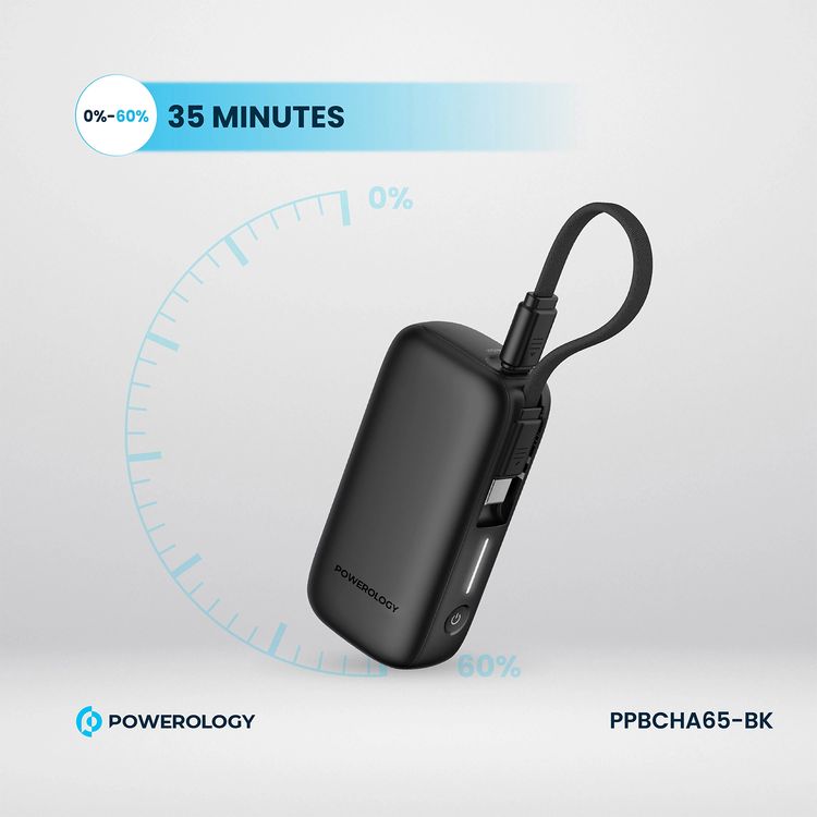 بنك طاقة Powerology بسعة 5000 مللي أمبير في الساعة مع سلك USB-C قابل للإزالة، وتقنية شحن متقدمة، وشحن لجهازين، وصغير الحجم وقابل للحمل، مع حماية مدمجة، وتوصيل طاقة بقوة 20 وات - أسود