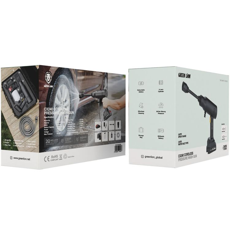 جهاز غسل بالضغط اللاسلكي جرين ليون CX240 مع حقيبة تخزين، ضغط قوي 36 بار، بطارية قابلة للفصل، قوة توصيل 240 واط، مدى رش 8 أمتار، وقت عمل 15-20 دقيقة - أسود