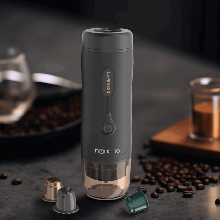 LePresso Momento 2.0 Portable Espresso Coffee Machine, Ground & Nespresso Compatible, 75W Power, 2500 mAh Battery Capacity, 2-3 Hours Re-Charge Time, 4 Single Shots Fully Charged Working Time - Black
