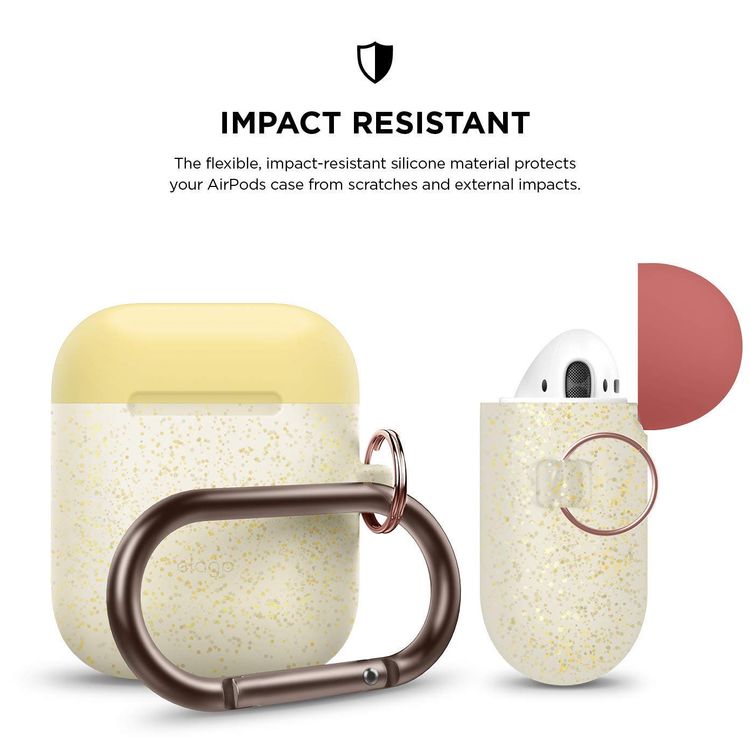Elago Duo Hang Silicone Case with Apple AirPods Case 1 & 2 Generation, Dustproof and Absorbing Protective Cover with Hang Case Body-Night Glow Gold Pearl / Top-Yellow, Italian Rose