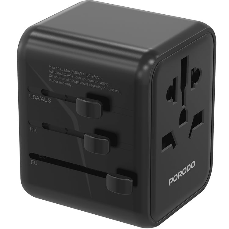 Porodo Dual USB-A Universal Travel Adapter 2.4A, Lightweight & Portable, Travel Friendly, Fast Charging, Dual USB-A, 0–35°C Operating Temperature, Built-in Safeguards - Black