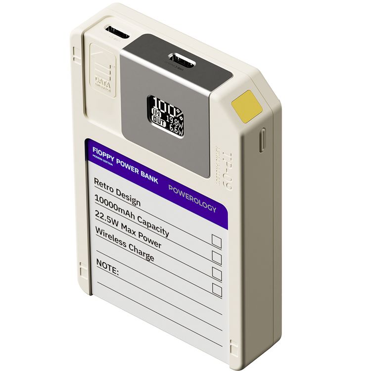 Powerology Floppydisk Retro 10000mAh MagSafe Powerbank with OLED Display Screen, Multi-Protocol Fast Charging, Universal Compatibility, 64GB Storage Capacity, High-Speed Data Storage, Fire-Resistant PC Material - White