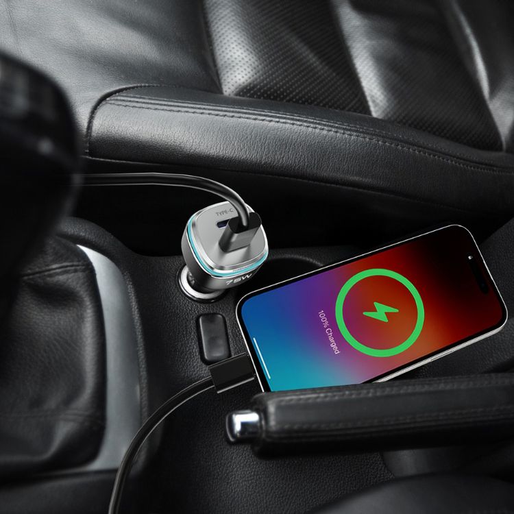 Powerology 75W Dual-Port High-Power Car Charger, USB-C & USB-A Ports, 75W Total Output, 45W Power Delivery, LED Ambient Light, Fast Charge, Zinc Alloy - Black / Silver