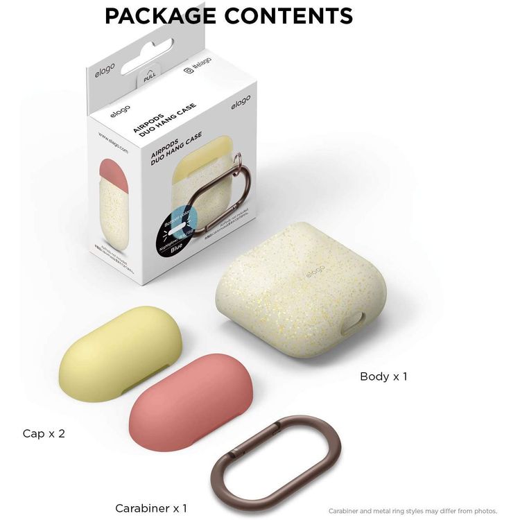 Elago Duo Hang Silicone Case with Apple AirPods Case 1 & 2 Generation, Dustproof and Absorbing Protective Cover with Hang Case Body-Night Glow Gold Pearl / Top-Yellow, Italian Rose