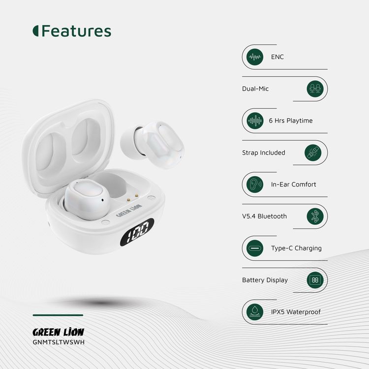Green Lion Mittersill True Wireless Earbuds with ENC, Up to 6 Hours Playtime, IPX5 Waterproof Resistance Level, Bluetooth Version 5.4, Up to 10m Transmission Range, Type-C Charging Port, Dual-Microphone, Strap Included - White