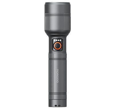 Porodo Rechargeable Flashlight with 500m Coverage, 150 Lumens Brightness, 2000mAh Battery Capacity, Type-C Charging Port, 84 Minutes Working Time, 4 Hours Charging Time, 500m Beam Distance, Multiple Mode Operation - Gray 