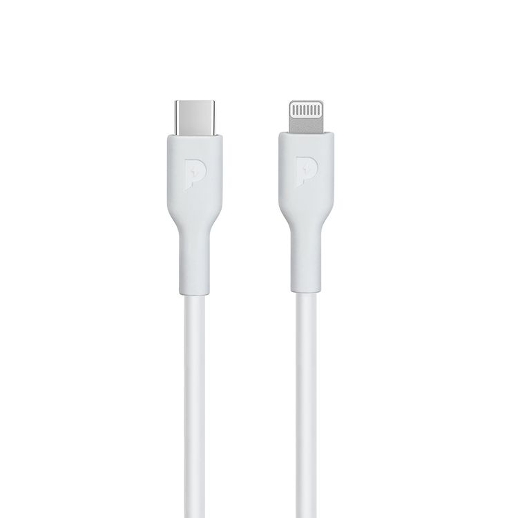 كابل Powerology من USB-C إلى Lightning مع توصيل الطاقة بقوة 20 واط، بطول كابل 1.2 متر، مصنوع من مادة PVC، متوافق عالميًا، مزامنة بيانات سريعة وشحن - باللون الأبيض.
