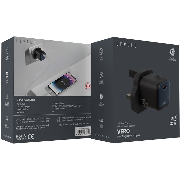 Levelo Vero 20W GaN UK Adapter with Single Type-C Port, Durable Material, Fast Charging, Over Charge Protection, UK Plug - Black / Blue