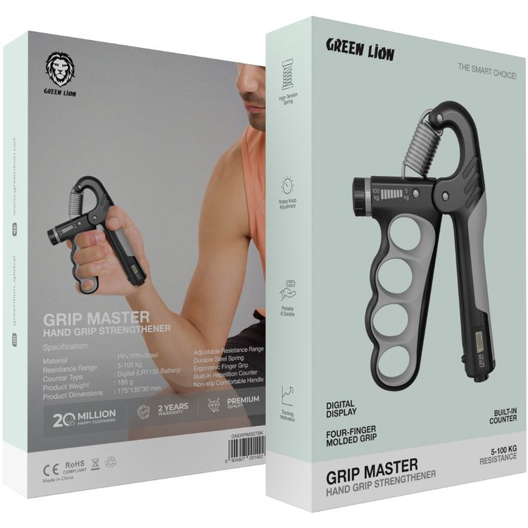 Green Lion Grip Master Hand Grip Strengthener with 5-100kg Resistance Range, Tracking Motivation, Rotary Knob Adjustment, High-Tension Spring, Portable & Durable - Black