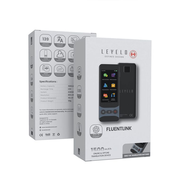 Levelo FluentLink Offline & Online Voice Translator, Built-in ChatGPT, Unit Conversion, Exchange Rate Conversion - Gray