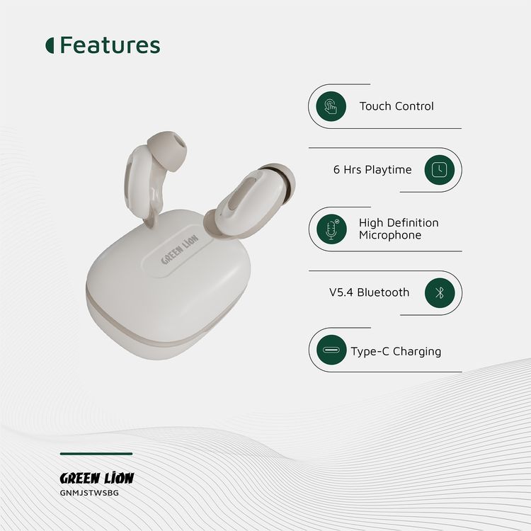 Green Lion Majestic True Wireless Earbuds TWS, High Definition Microphone, Voice Assistant Mode, Touch Control, Music Mode, Game Mode, ANC - Beige