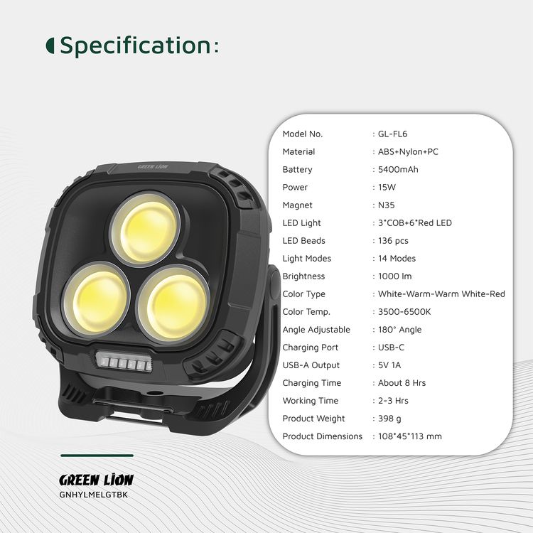 Green Lion Hyper Lume Working Light with 5400mAh Power Bank, 180° Adjustable, Magnetic Attachment, 1000lm Brightness, Battery Indicator, USB-C Charging - Black 