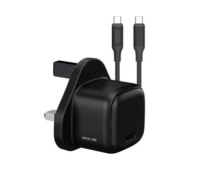 Green Lion NEXIO Single Port Wall Charger with UK Plug, 20W Power Delivery, Charging Protection, Flame Retardant PC Material, USB-C to USB-C Cable - Black