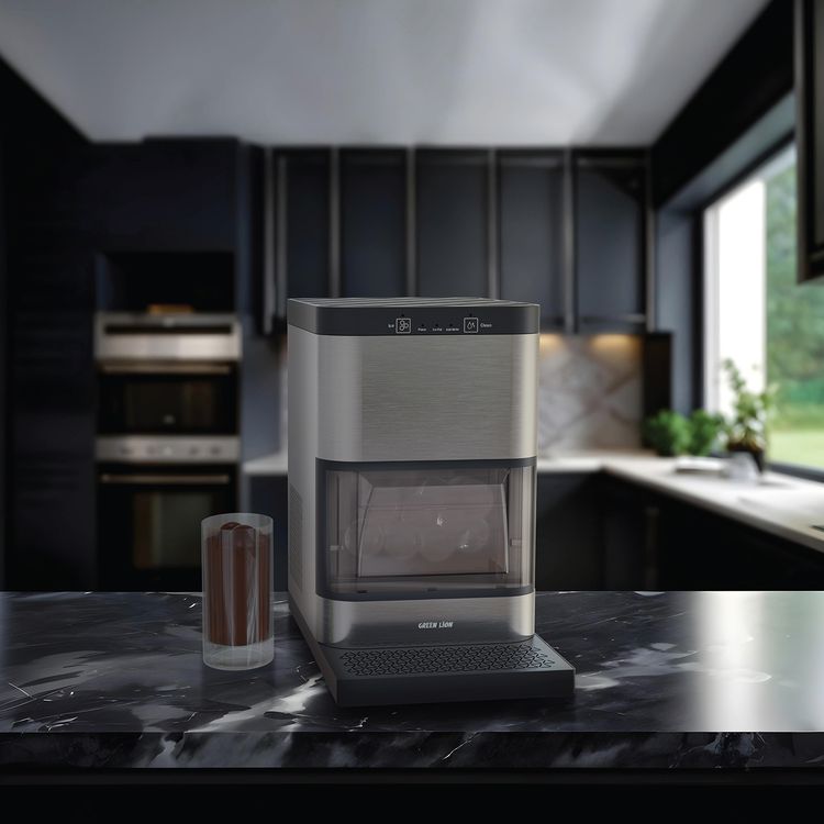 صانع كرات الثلج الكريستالية من جرين ليون بسعة خزان ماء 1.2 لتر، تبريد بالضاغط، صينية تقطير قابلة للإزالة، تنظيف ذاتي تلقائي، لوحة تحكم باللمس، تشغيل هادئ، تصميم يوضع على سطح العمل - فضي