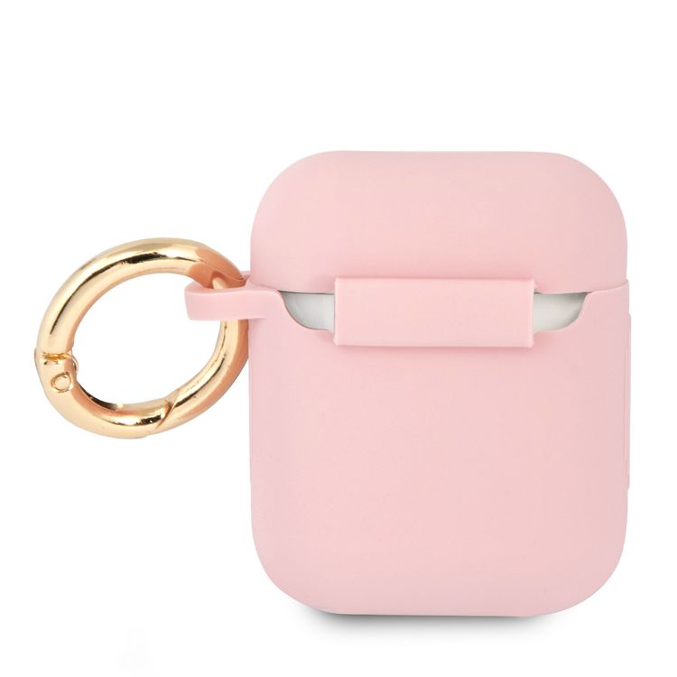 حافظة CG MOBILE Guess مطبوعة من السيليكون مع حلقة مضادة للفقد متوافقة مع إیر بودز 1/2، مقاومة للخدش، ممتصة للصدمات وغطاء حماية من السقوط مرخص رسميًا - وردي فاتح