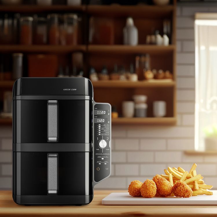 Green Lion Double-Decker Pro Digital Air Fryer with 2× 5.6L Capacity, 6 Preset Programs, 2400W Power, PP + Aluminum + ABS & PC Material, 0-60 Minutes Frying Time, Up to 230°C Temperature, BS Plug 90cm Power Cord, LED Touch Display - Black
