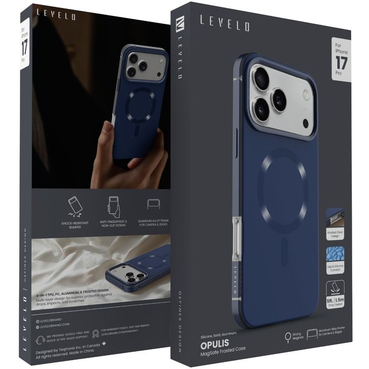 Levelo Opulis MagSafe Frosted Case for iPhone 17 Pro, Liquid Silicone Comfort, Anti-Scratch, Aluminum Alloy Frame for Camera & Edges, Anti-Fingerprint, Strong Magnets, Multi-Layer Design, Shock-Resistant Bumper, Non-Slip Surface - Midnight Blue