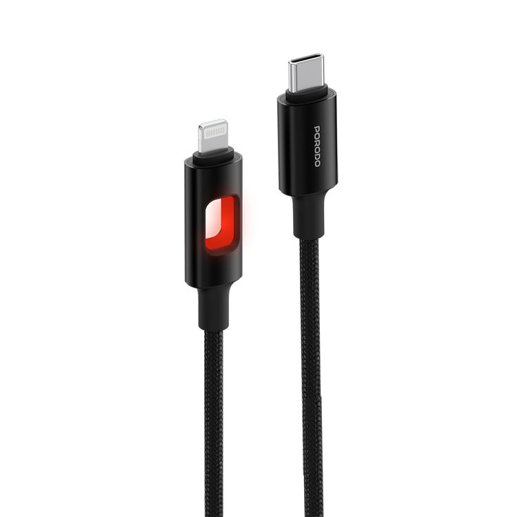 كابل بورودو LED مجدول من نوع USB-C إلى Lightning مع توصيل طاقة بقوة 27 واط، طول الكابل 1.2 متر، تصميم خالي من التشابك، نقل بيانات عالي السرعة، سرعة شحن سريعة، متانة فائقة - باللون الأسود.
