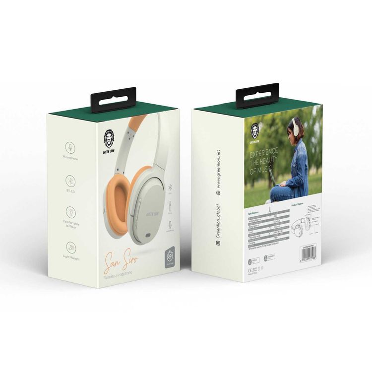 Green Lion SanSiro Wireless Headphones, 300mAh Battery Capacity, 30 Hours Play Time, 2.5 Hours Charging Time, 10m Transmission Distance, Built-in Microphone, Lightweight, AUX Port - Beige