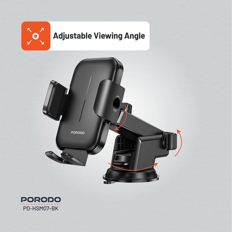 Porodo Dash & Windshield Mount with Adjustable Viewing Angle, Strong Adhesive, 60-90mm Grip Width, ABS & Silicone Material, Secure Grip - Black